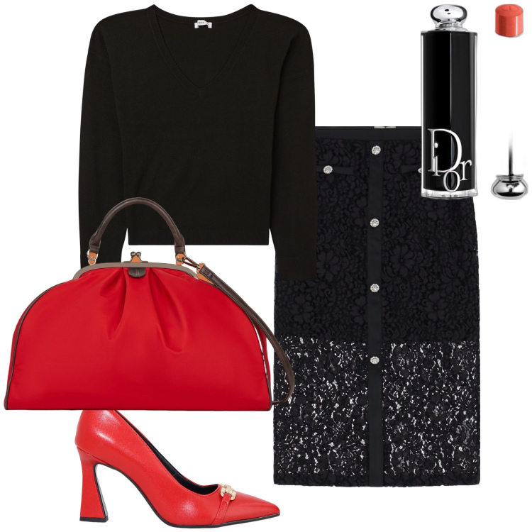 Outfit donna - Gonna originale e chic. Stile Chic per Serata fuori. Abbinamento con rossetti, maglieria, décolleté, gonne, borse a spalla.