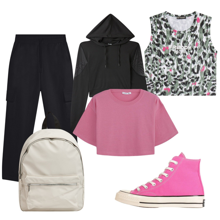 Outfit donna - Total look #2068586. Stile Casual per Tutti i giorni. Abbinamento con sneakers alte, zaini, felpe sportive, t-shirt, top sportivi, pantaloni sportivi.