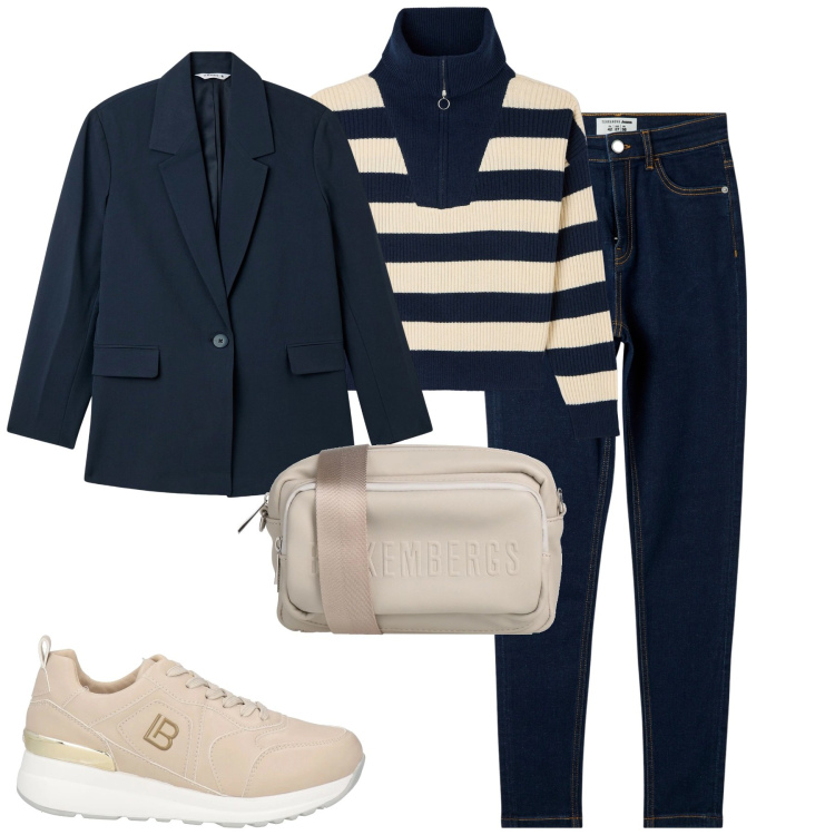 Outfit donna - Total look #2068596. Stile Casual chic per Tutti i giorni. Abbinamento con sneakers, borse a tracolla, blazer, maglieria, jeans skinny.