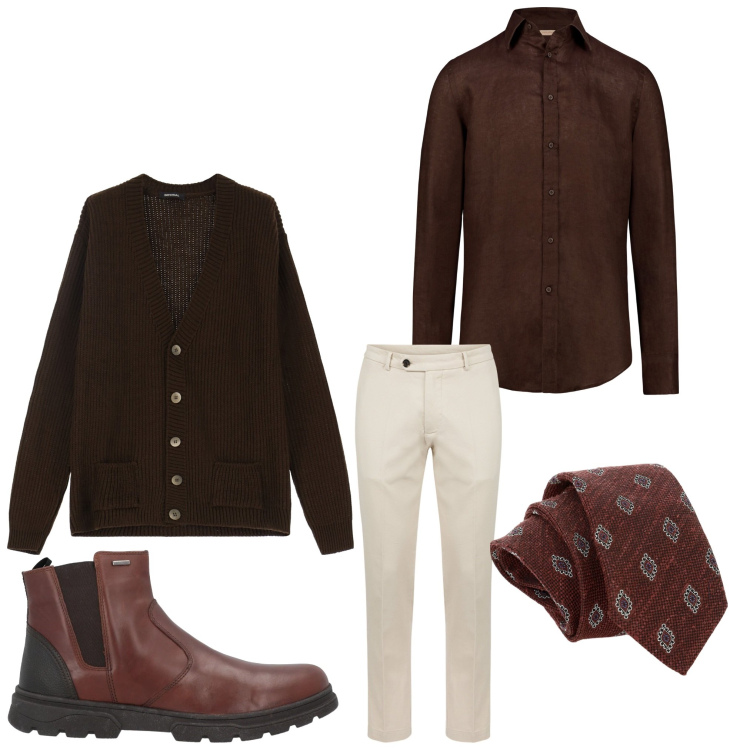 Outfit uomo - Marrone raffinato. Stile Business/Elegante per Serata speciale. Abbinamento con stivali e stivaletti, cravatte, cardigans, pantaloni, camicie.