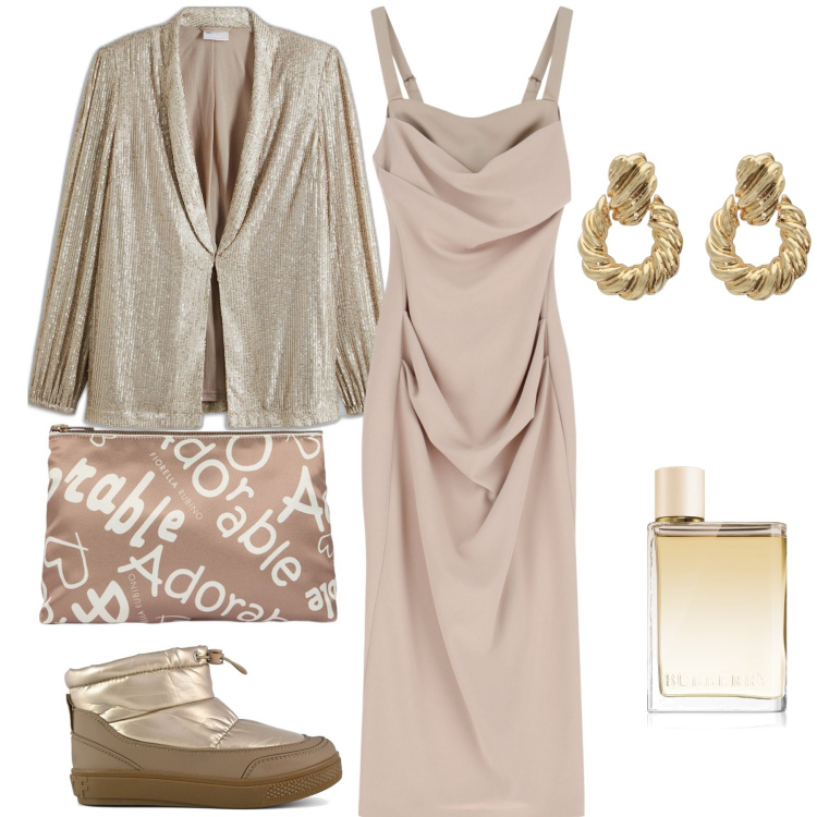 Outfit donna - Cerimonia sotto la neve. Stile Glamour per Cerimonia. Abbinamento con blazer, profumi, vestiti midi/longuette, orecchini, stivaletti, pochette.