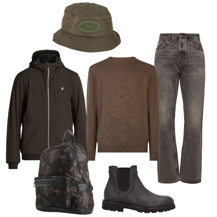 Outfit uomo - Uscita fuori porta. Stile Trendy per Tutti i giorni. Abbinamento con giacche, stivali e stivaletti, cappelli, borse sportive, maglieria, jeans.