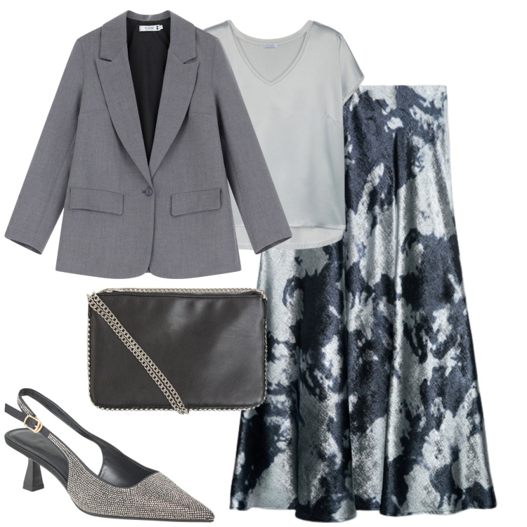 Outfit donna - Serata. Stile Chic per Serata fuori. Abbinamento con borse a tracolla, décolleté, blazer, t-shirt, gonne longuette.