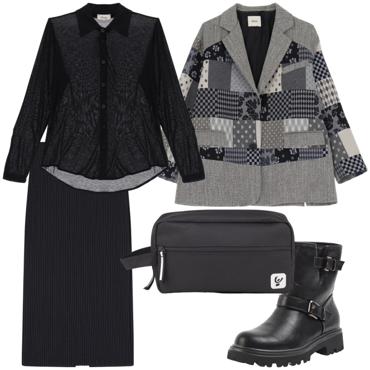 Outfit donna - Il blazer originale. Stile Urban per Ufficio. Abbinamento con stivaletti, blazer, camicie, gonne lunghe, valigie.