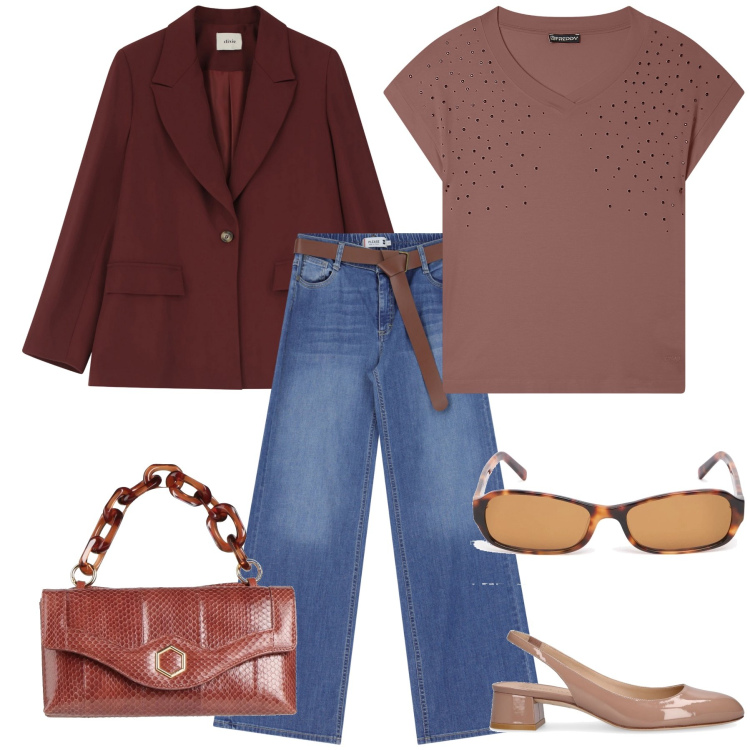 Outfit donna - I jeans al lavoro. Stile Urban per Ufficio. Abbinamento con borse a mano, jeans, t-shirt, blazer, décolleté, occhiali da sole.