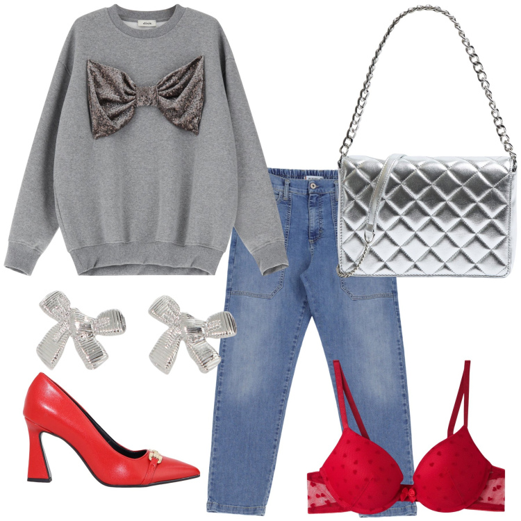 Outfit donna - Total look. Stile Glamour per Serata fuori. Abbinamento con reggiseni push-up, borse a tracolla, jeans, décolleté, felpe, orecchini.