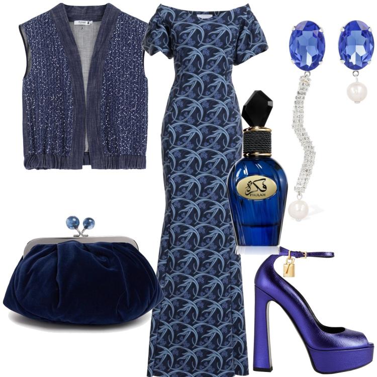Outfit donna - Glamour blu notte. Stile Glamour per Serata fuori. Abbinamento con vestiti lunghi, décolleté, profumi, gilet, orecchini, pochette.