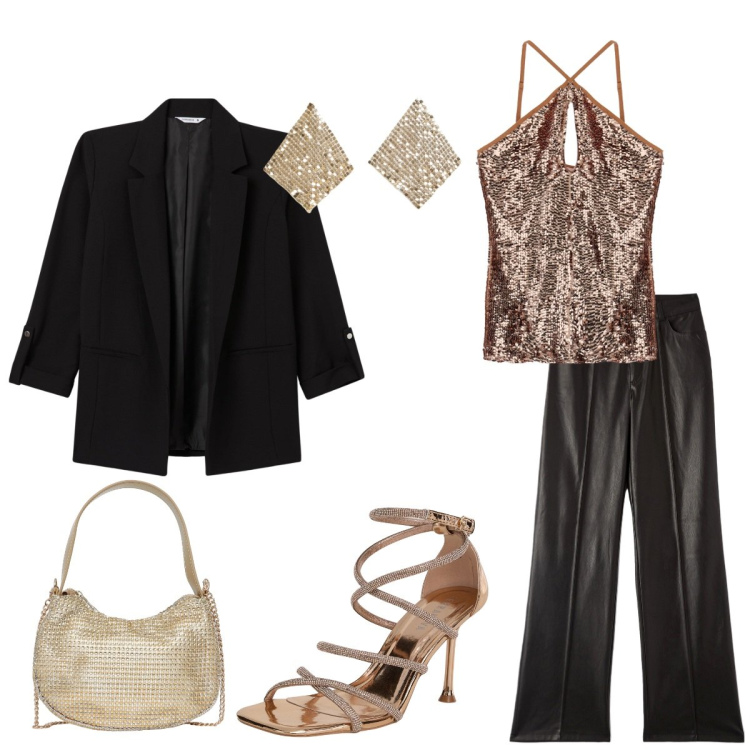 Outfit donna - My night. Stile Glamour per Serata fuori. Abbinamento con blazer, orecchini, pantaloni, sandali col tacco, borse a spalla, top.