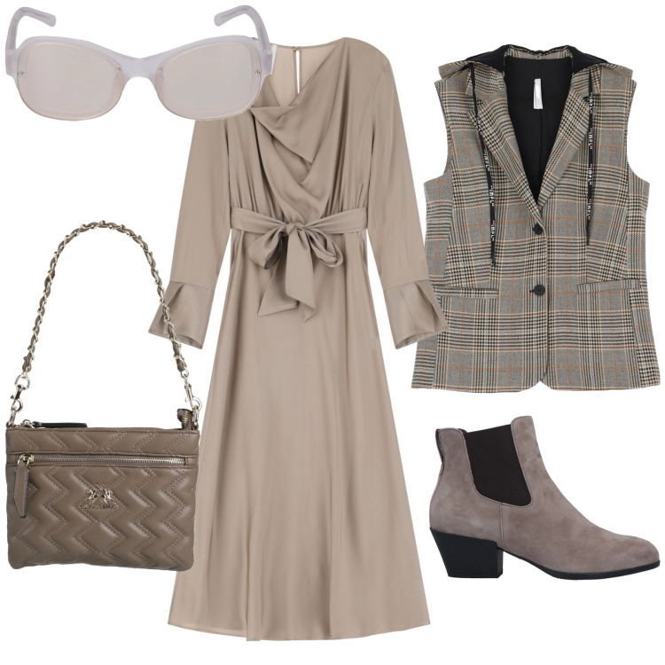 Outfit donna - Il gilet sull abito. Stile Urban per Ufficio. Abbinamento con stivaletti chelsea, borse a mano, gilet, vestiti midi/longuette, occhiali da sole.