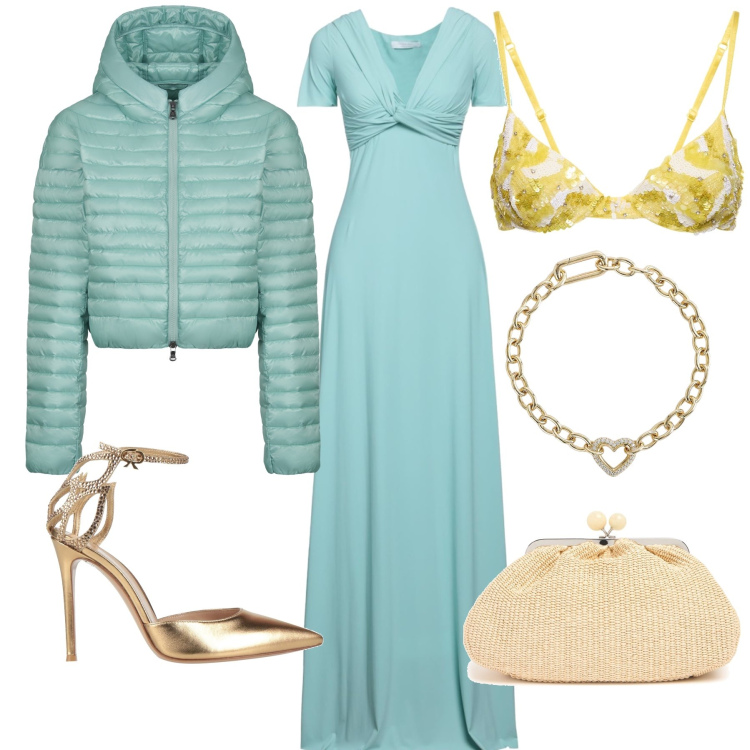 Outfit donna - Oro turchese. Stile Chic per Serata fuori. Abbinamento con vestiti lunghi, décolleté, braccialetti, piumini, pochette, reggiseni.