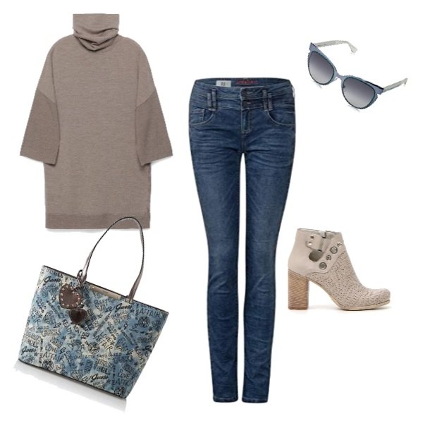 Outfit donna - Tra una lezione e l\'altra.... Stile Basic per Scuola/Università. Abbinamento con maglia maxi contrasto collo alto a maniche 3/4 con spacco, stivaletti, jeans slim fit effetto decolorato blu, borsa a mano tote con zip blu, occhiali da sole blu.