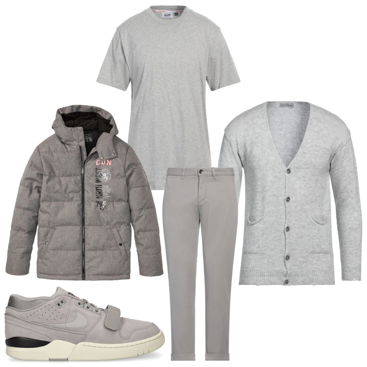 Outfit uomo - Grigio love. Stile Casual per Ufficio. Abbinamento con giacche, cardigans, t-shirt, pantaloni, sneakers.