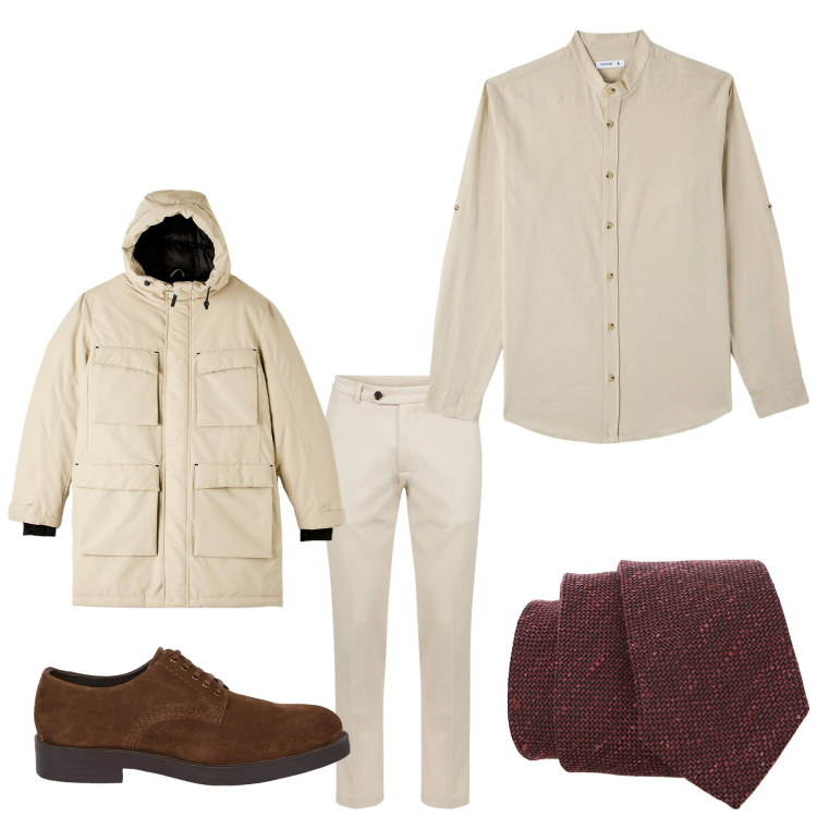 Outfit uomo - Stiloso. Stile Business/Elegante per Ufficio. Abbinamento con camicie, parka, cravatte, pantaloni, scarpe stringate.