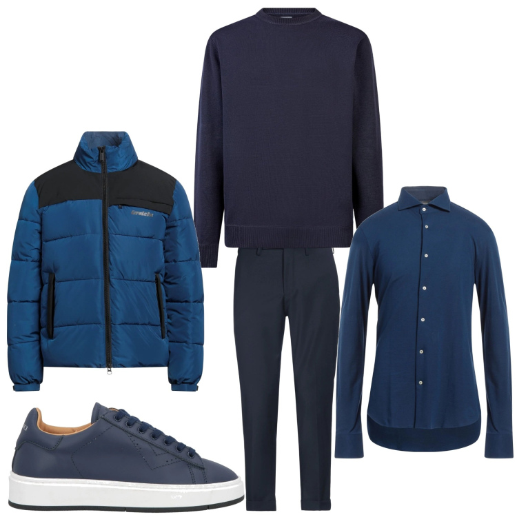 Outfit uomo - Bello in blu. Stile Casual per Tutti i giorni. Abbinamento con piumini, camicie, pantaloni, sneakers, maglieria.