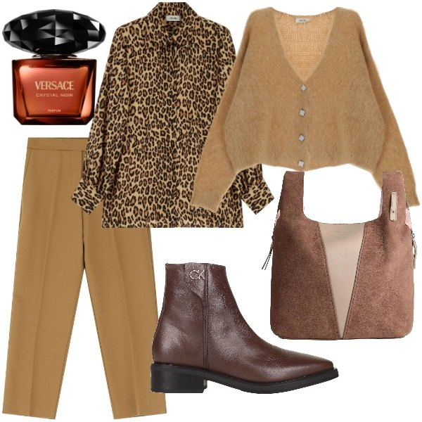 Outfit donna - Serata fuori. Stile Trendy per Serata fuori. Abbinamento con profumi, stivaletti, borse a mano, pantaloni, camicie, cardigans.