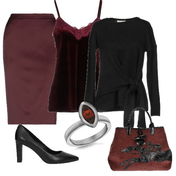 Outfit donna - Pranzo di lavoro. Stile Bon Ton per Ufficio. Abbinamento con pullover lavorato a maglia collo tondo a maniche lunghe tinta unita, gonna longuette a tubino crêpe, top con pizzo scollatura profonda in ciniglia tinta unita, décolleté nero, borsa a tracolla maxi con stampa effetto vernice con zip in velluto con manico e logo, anello in sterling 925 ipoallergenico argento e bianco.