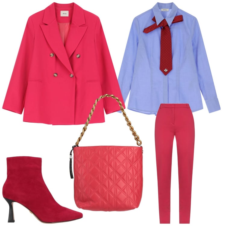 Outfit donna - Mannish red. Stile Mannish per Ufficio. Abbinamento con pantaloni, stivaletti, borse a mano, blazer, camicie.
