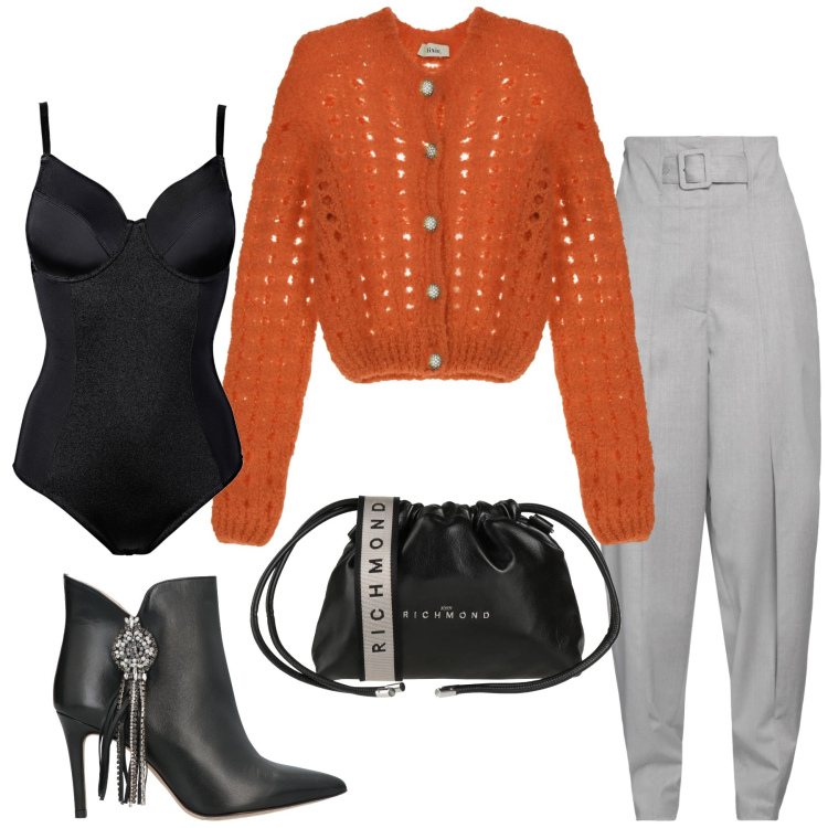 Outfit donna - Total look #2068711. Stile Glamour per Serata fuori. Abbinamento con body, stivaletti, borse a tracolla, pantaloni, cardigans.