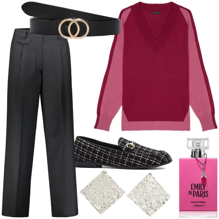 Outfit donna - Outfit ufficio. Stile Casual chic per Ufficio. Abbinamento con mocassini, profumi, orecchini, cinture, maglieria, pantaloni.