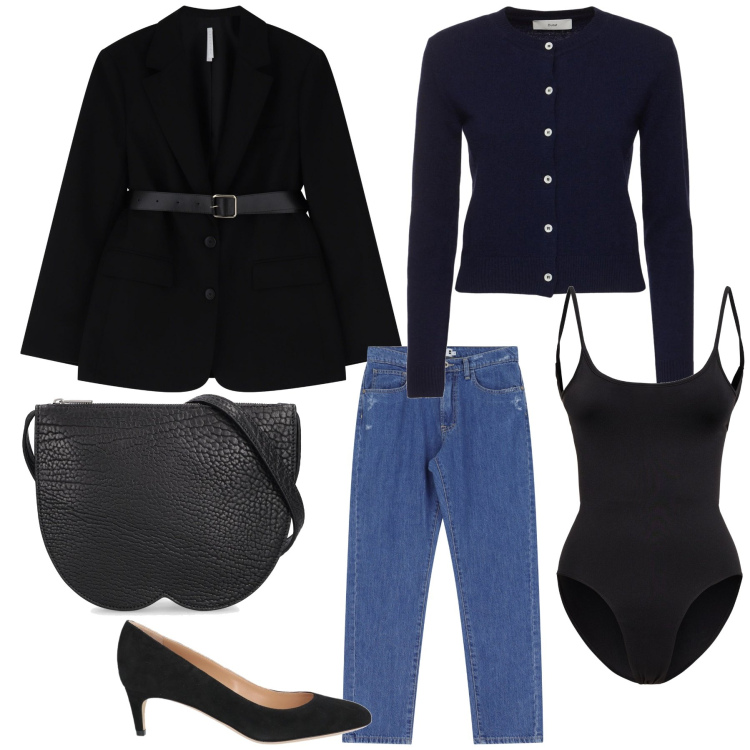 Outfit donna - Domenica al cinema. Stile Bon Ton per Tutti i giorni. Abbinamento con décolleté, jeans dritti, blazer, body, cardigans, borse a spalla.