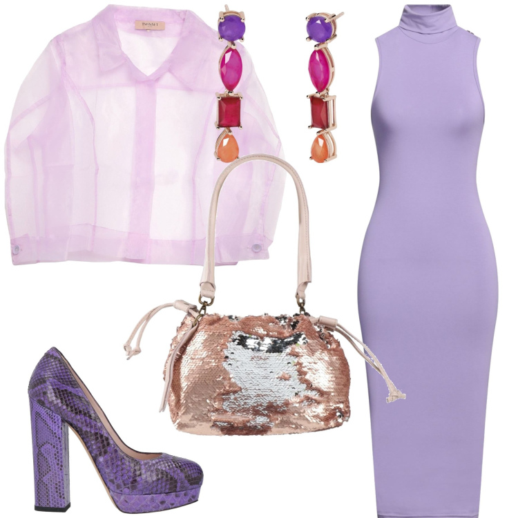 Outfit donna - Sexy con classe. Stile Sexy per Serata fuori. Abbinamento con décolleté, blazer, borse a mano, vestiti midi/longuette, orecchini.