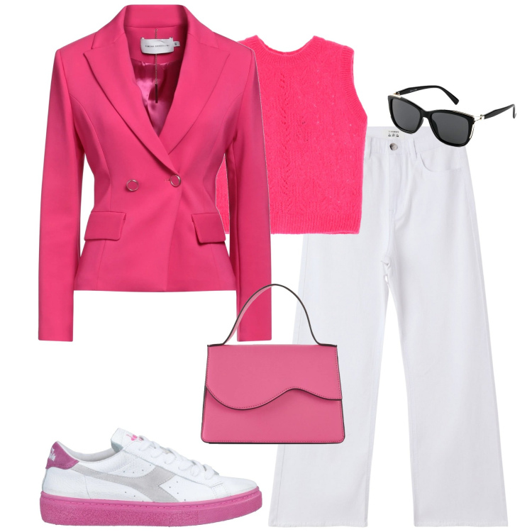 Outfit donna - City. Stile Casual chic per Tutti i giorni. Abbinamento con occhiali da sole, borse a tracolla, sneakers, blazer, pantaloni, maglieria.