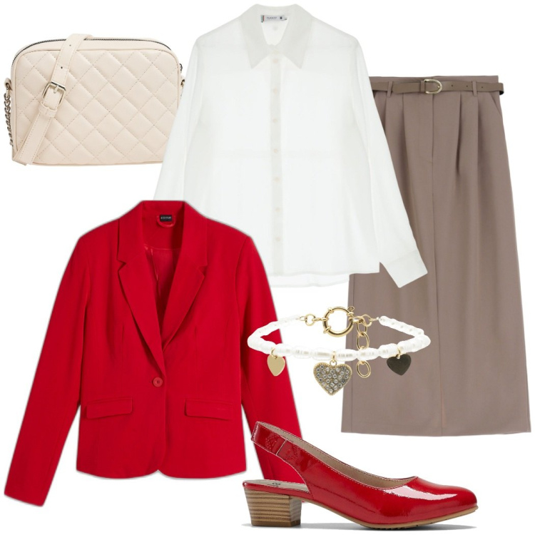 Outfit donna - A lavoro. Stile Casual chic per Ufficio. Abbinamento con décolleté, blazer, borse a tracolla, camicie, gonne lunghe, braccialetti.