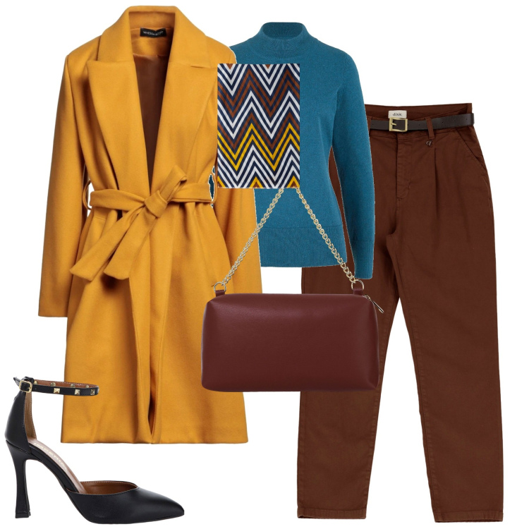 Outfit donna - City. Stile Urban per Tutti i giorni. Abbinamento con maglieria, cappotti, décolleté, pantaloni chino, borse a tracolla, sciarpe.