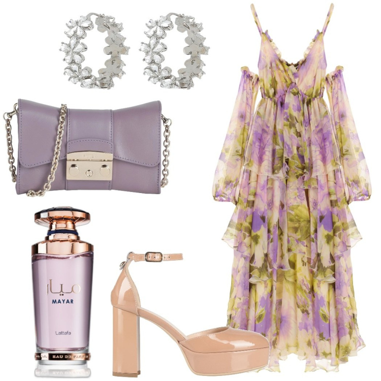Outfit donna - Cerimonia. Stile Romantica per Cerimonia. Abbinamento con sandali in pelle, borse a tracolla, orecchini, profumi, vestiti.