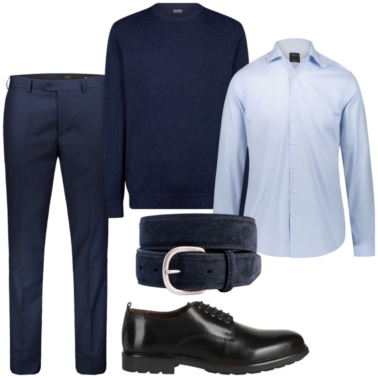 Outfit uomo - Blu evergreen. Stile Business/Elegante per Ufficio. Abbinamento con scarpe stringate, camicie, maglieria, pantaloni, cinture.
