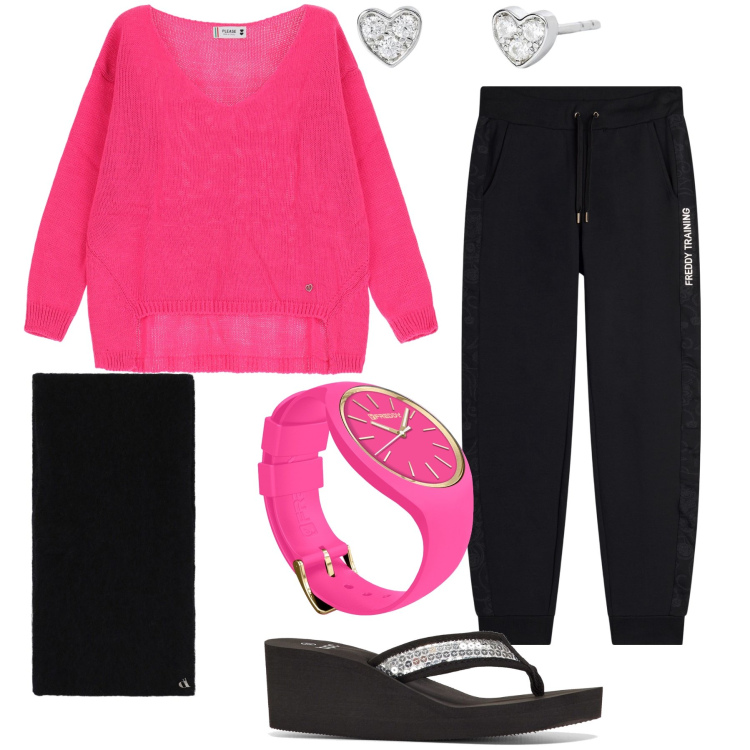 Outfit donna - Fuxia e nero a casa. Stile Basic per Tutti i giorni. Abbinamento con infradito, orecchini, maglieria, pantaloni, orologi, stole.