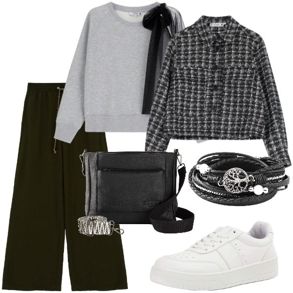 Outfit donna - A spasso per la città. Stile Trendy per Tutti i giorni. Abbinamento con braccialetti, borse a tracolla, sneakers, felpe, pantaloni a palazzo, cappotti.