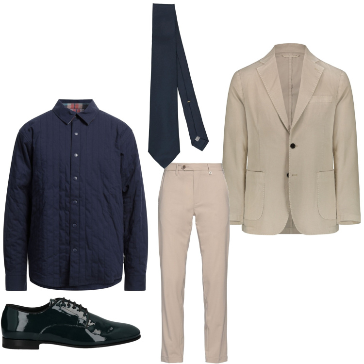 Outfit uomo - Blu e sabbia. Stile Business/Elegante per Ufficio. Abbinamento con camicie, pantaloni, scarpe stringate, cravatte, giacche.