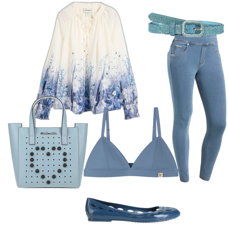 Outfit donna - La blusa dipinta. Stile Casual chic per Tutti i giorni. Abbinamento con bluse, ballerine, borse a mano, cinture, jeans skinny, reggiseni.