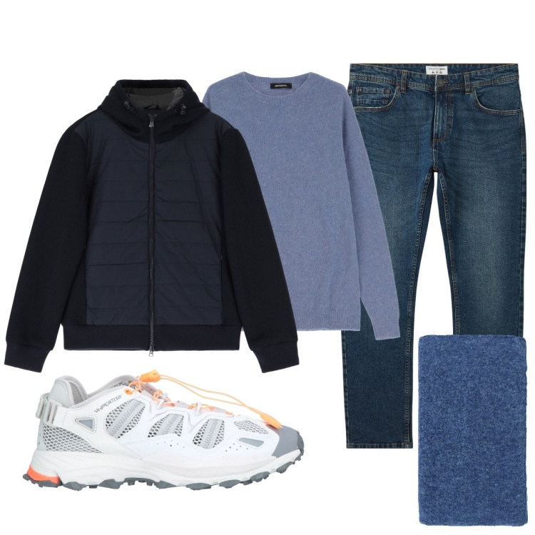 Outfit uomo - La calda sciarpa blu mélange. Stile Casual per Tutti i giorni. Abbinamento con sneakers, jeans, sciarpe, piumini, maglieria.