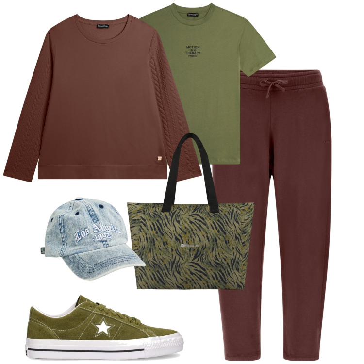 Outfit donna - Sporty. Stile Casual per Tutti i giorni. Abbinamento con cappelli con visiera, pantaloni, felpe, t-shirt, shopping bag, sneakers.