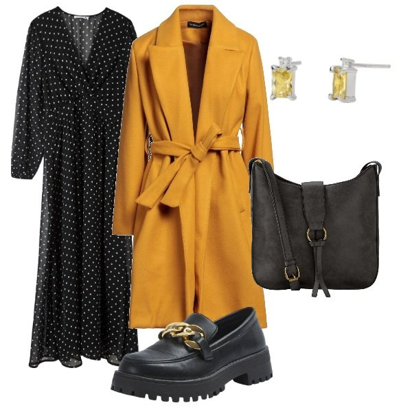 Outfit donna - A spasso per la città. Stile Casual chic per Tutti i giorni. Abbinamento con borse a tracolla, cappotti, vestiti lunghi, mocassini, orecchini.