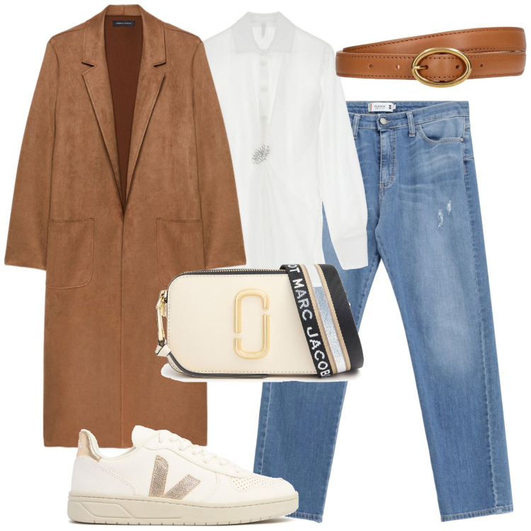 Outfit donna - City. Stile Casual chic per Tutti i giorni. Abbinamento con jeans strappati, camicie, trench, sneakers, borse a spalla, cinture.