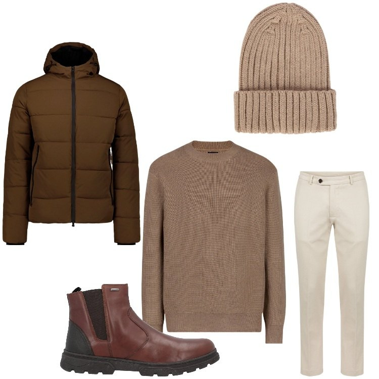 Outfit uomo - Fa ancora freddo. Stile Casual per Tutti i giorni. Abbinamento con stivali e stivaletti, maglieria, berretti, piumini, pantaloni.