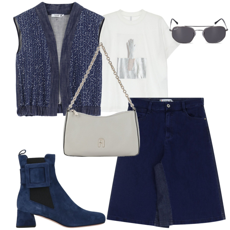 Outfit donna - City. Stile Urban per Tutti i giorni. Abbinamento con stivaletti, borse a mano, bermuda, gilet, t-shirt, occhiali da sole.