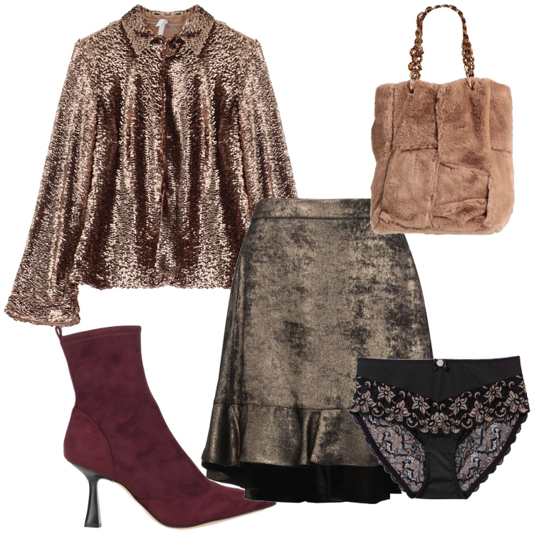 Outfit donna - Serata con camicia importante. Stile Trendy per Serata fuori. Abbinamento con culotte, minigonne, stivaletti, borse a mano, camicie.