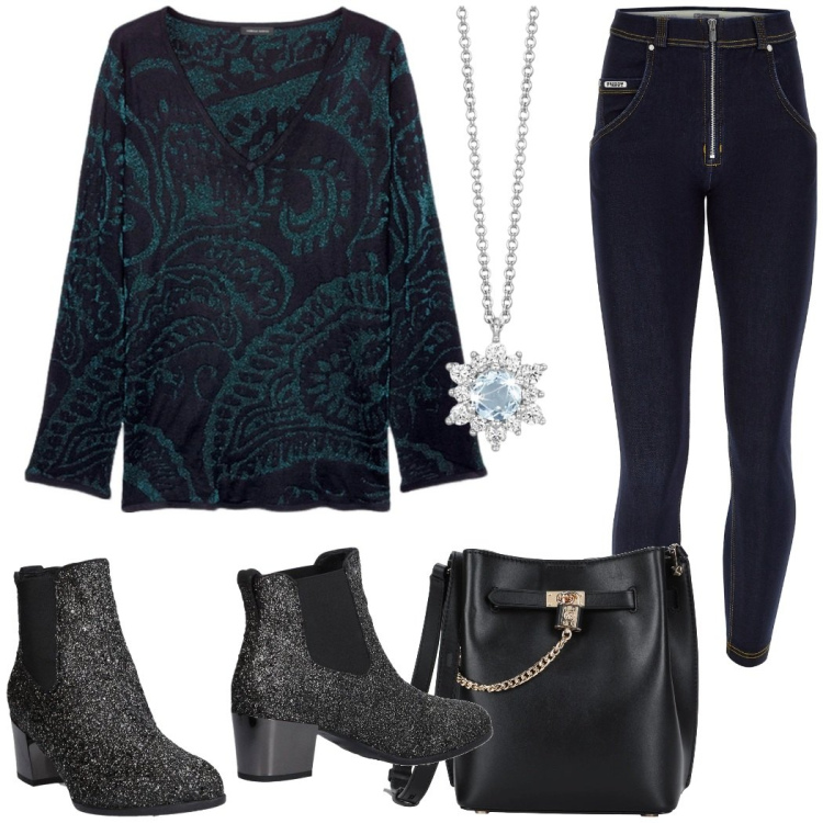 Outfit donna - Al cinema con le amiche. Stile Casual chic per Serata fuori. Abbinamento con stivaletti chelsea, borse a tracolla, collane, jeans skinny, maglieria.