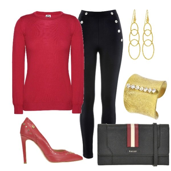 Outfit donna - Quasi festa. Stile Trendy per Serata fuori. Abbinamento con leggings, pullover made italy girocollo in lana, scarpe, pochette contrasto, anello oro, orecchini oro.