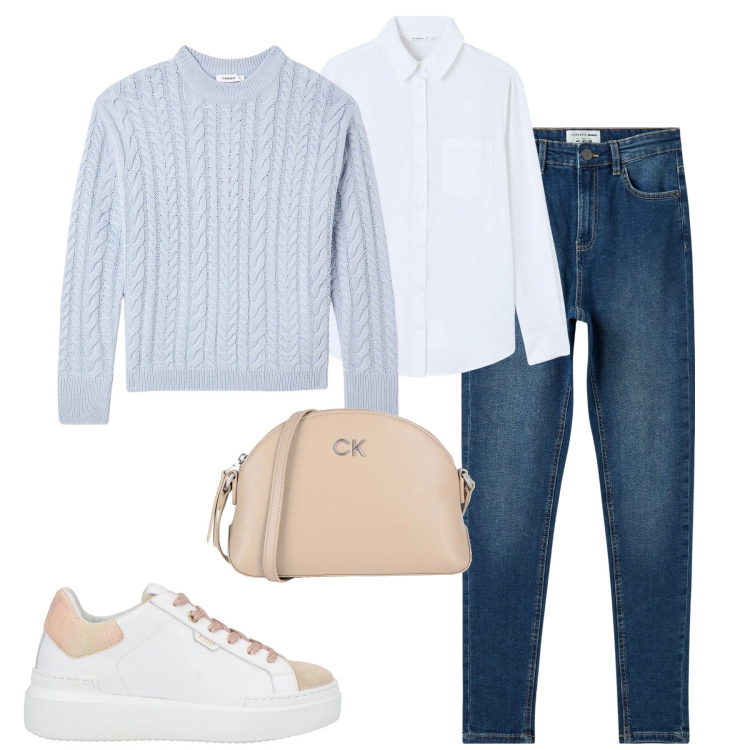 Outfit donna - City. Stile Casual chic per Tutti i giorni. Abbinamento con sneakers, borse a tracolla, maglieria, camicie, jeans skinny.