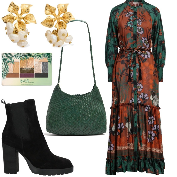 Outfit donna - Boho chic. Stile Boho per Serata fuori. Abbinamento con stivaletti, vestiti lunghi, ombretti, borse a spalla, orecchini.