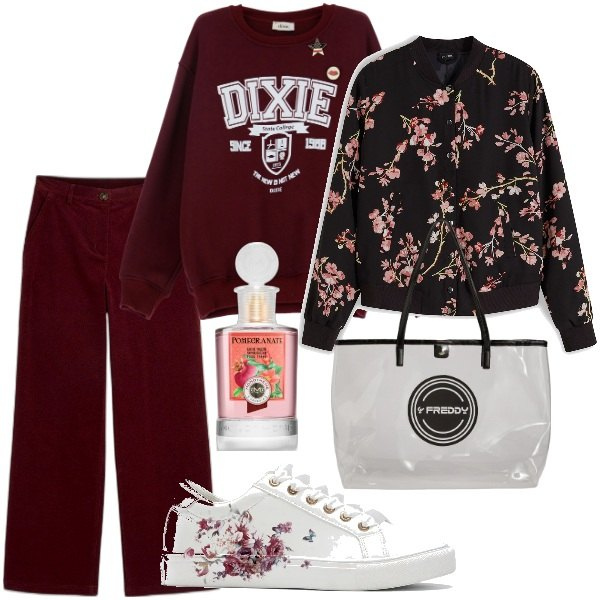 Outfit donna - Total look #2068816. Stile Basic per Tutti i giorni. Abbinamento con bomber, sneakers, pantaloni, profumi, shopping bag, felpe.
