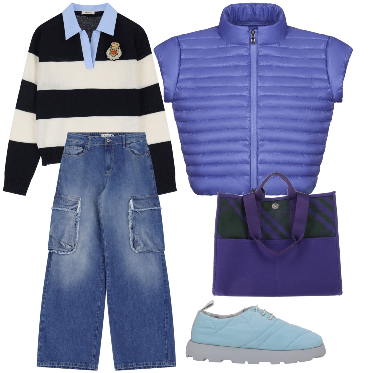 Outfit donna - Passeggiata del pomeriggio. Stile Sporty chic per Tutti i giorni. Abbinamento con borse a mano, sneakers, jeans, maglieria, blazer.