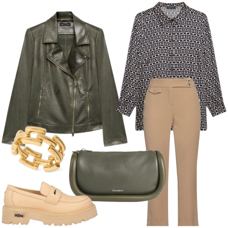 Outfit donna - In centro dopo il lavoro. Stile Urban per Tutti i giorni. Abbinamento con mocassini, pantaloni, borse a mano, camicie, anelli, blazer.