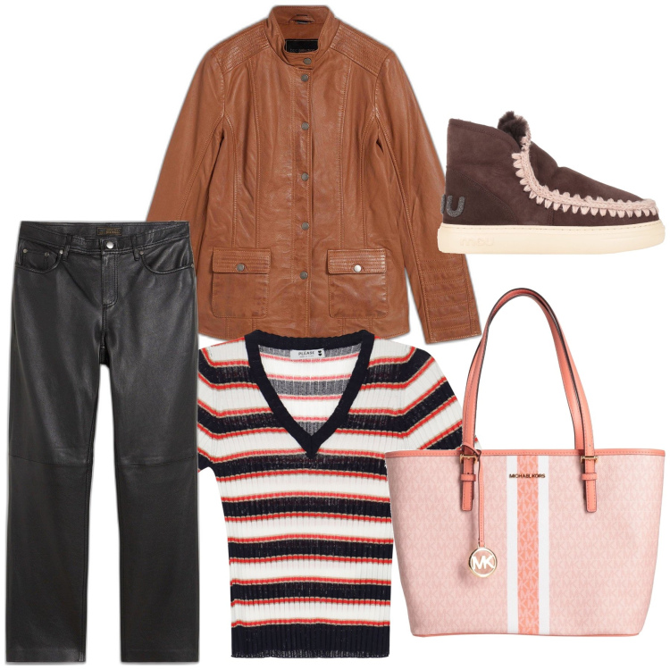 Outfit donna - Al bar. Stile Casual chic per Tutti i giorni. Abbinamento con blazer, pantaloni, stivaletti, borse a mano, maglieria.