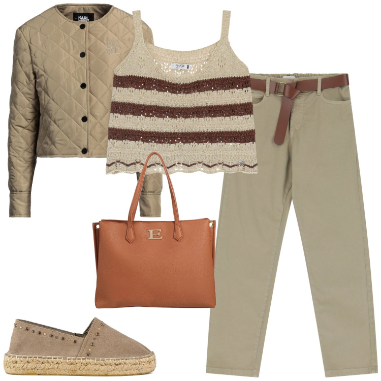 Outfit donna - City. Stile Casual chic per Tutti i giorni. Abbinamento con giacche, borse a mano, pantaloni, top, espadrillas.